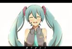  :d ^_^ aqua_hair bad_id bad_pixiv_id blush closed_eyes detached_sleeves happy hatsune_miku headset letterboxed long_hair necktie nonono_(mino) open_mouth simple_background smile solo twintails upper_body upper_teeth vocaloid white_background 