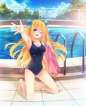  ;d aizawa_hikaru armpits artist_request blonde_hair blue_eyes breasts chain-link_fence cleavage cloud covered_navel day fence fisheye kneeling long_hair medium_breasts one-piece_swimsuit one_eye_closed open_mouth outdoors outstretched_hand pool pool_ladder poolside reaching silverlight sky smile swimsuit tiles towel tree two_side_up 