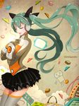  closed_eyes green_hair hands_on_own_chest hatsune_miku headphones highres hirostuart long_hair odds_&amp;_ends_(vocaloid) project_diva_(series) project_diva_f skirt solo thighhighs twintails very_long_hair vocaloid 