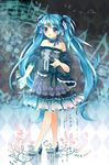  aqua_eyes aqua_hair argyle argyle_background character_name detached_sleeves dress frills hair_ribbon hatsune_miku high_heels highres long_hair musical_note puracotte ribbon shoes solo twintails very_long_hair vocaloid 