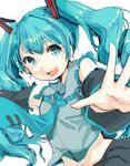  :d aqua_hair bare_shoulders detached_sleeves hatsune_miku long_hair looking_at_viewer open_mouth outstretched_arm rai_(3stone) smile solo twintails very_long_hair vocaloid 
