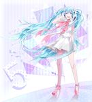  aqua_eyes aqua_hair bad_id bad_pixiv_id hatsune_miku headphones high_heels highres hinamu long_hair open_mouth shoes skirt solo twintails very_long_hair vocaloid 