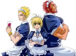 2boys ahoge alternate_costume apron artoria_pendragon_(all) beard blonde_hair bracelet breasts cleavage crossed_arms cup devilhun drinking_glass earrings enmaided facial_hair fate/zero fate_(series) gilgamesh green_eyes jewelry maid maid_headdress medium_breasts multiple_boys red_eyes red_hair rider_(fate/zero) saber wine_glass 