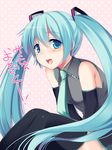  :d bare_shoulders black_legwear blue_eyes blue_hair blush detached_sleeves hatsune_miku itou_nanami long_hair looking_at_viewer open_mouth simple_background smile solo tears thighhighs translated twintails very_long_hair vocaloid white_background 
