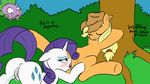  applejack_(mlp) being_watched blonde_hair blue_eyes blush cowboy_hat cub cunnilingus cutie_mark dialog dialogue dragon english_text equine female feral friendship_is_magic grass group haiku_oezu hair hat horn horse lesbian male mammal my_little_pony oral oral_sex outside pony pussy pussy_juice rarity_(mlp) scalie sex spike_(mlp) text tree unicorn vaginal watching wet wood young 