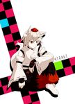  animal_ears detached_sleeves hair_ornament hat inubashiri_momiji leaf red_eyes ryuu_(tsukinoyuki) short_hair silver_hair sitting solo tail tokin_hat touhou white_hair wide_sleeves wolf_ears wolf_tail 