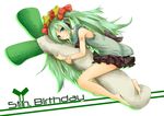  aqua_eyes aqua_hair bare_shoulders barefoot birthday blue_eyes blush green_hair hair_ornament hatsune_miku hiiragi_shou hug long_hair looking_at_viewer looking_back necktie skirt smile solo spring_onion stuffed_animal stuffed_toy twintails very_long_hair vocaloid 