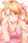  anjou_naruko ano_hi_mita_hana_no_namae_wo_bokutachi_wa_mada_shiranai. bad_id bad_pixiv_id blonde_hair blush collarbone green_eyes kurenai_iroha off_shoulder open_mouth short_hair solo twintails 