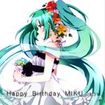  bad_id bad_pixiv_id character_name dated dress earrings green_hair happy_birthday hatsune_miku head_wreath jewelry long_hair noki_(potekoro) open_mouth simple_background solo twintails very_long_hair vocaloid white_background 