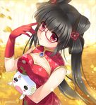  @_@ black_hair blush blush_stickers china_dress chinese_clothes dress glasses gloves hair_ornament holding long_hair original red_eyes red_gloves solo sousouman 