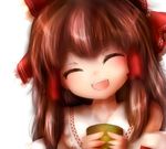  amanojaku bad_id bad_pixiv_id brown_hair closed_eyes cookie_(touhou) cup hakurei_reimu highres open_mouth smile solo touhou 