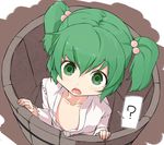  ? bucket collarbone green_eyes green_hair hair_bobbles hair_ornament in_bucket in_container kisume open_mouth shamo_(koumakantv) solo touhou twintails wooden_bucket 