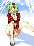  alternate_costume bad_id bad_pixiv_id bare_legs between_breasts borrowed_design breasts cleavage clothes_between_breasts clothes_writing flower green_hair hair_flower hair_ornament highres kazami_yuuka large_breasts legs looking_at_viewer meicha navel necktie race_queen short_hair sitting solo touhou v_arms 