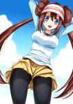  :d arms_behind_head arms_up blue_eyes brown_hair double_bun from_below legwear_under_shorts long_hair looking_down mei_(pokemon) mushi024 open_mouth pantyhose pokemon pokemon_(game) pokemon_bw2 raglan_sleeves shorts smile solo twintails visor_cap 