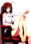  absurdres ahoge aotsuki_takao aozaki_aoko barefoot blue_eyes blush breasts brown_hair chair feet feet_on_chair highres jewelry knees_up large_breasts legs_up long_hair looking_at_viewer mahou_tsukai_no_yoru official_art pendant scan sitting skirt smile solo sweater very_long_hair 