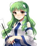  74_(teduka) blush detached_sleeves frog_hair_ornament gohei green_hair hair_ornament hair_tubes highres kochiya_sanae long_hair smile snake_hair_ornament solo touhou white_background wide_sleeves yellow_eyes 