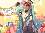  aqua_hair cts58 detached_sleeves gift green_eyes hair_ribbon happy_birthday hatsune_miku long_hair necktie ribbon smile solo twintails very_long_hair vocaloid 