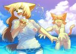  aruurara aruuurara blue_eyes braless breasts cat clothed clothing cloud feline female four_digits inverted_nipples mammal nipples playing sea sheer_clothing skimpy sky splashing sunny teeth underwear water wet zoom_effect 