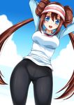  :d arms_behind_head arms_up bike_shorts blue_eyes brown_hair double_bun from_below long_hair looking_down mei_(pokemon) mushi024 no_pants open_mouth pantyhose pokemon pokemon_(game) pokemon_bw2 raglan_sleeves smile solo twintails visor_cap 