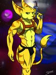  biceps feline fur green_eyes gun jockstrap lombax male mammal muscles pecs pose ranged_weapon ratchet ratchet_and_clank sci-fi solo space topless underwear weapon 