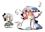  asoka blue_eyes blush chibi closed_eyes flower flying_sweatdrops hair_ribbon hat hitodama hug konpaku_youmu konpaku_youmu_(ghost) long_sleeves multiple_girls open_mouth pink_hair ribbon saigyouji_yuyuko short_hair silver_hair sweatdrop sword touhou triangular_headpiece weapon white_background wide_sleeves 