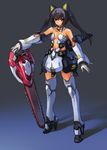  animal_ears armor armored_dress bell bell_collar black_hair breasts cat_ears center_opening chainsword collar copyright_request detached_collar flyx2 gauntlets mecha_musume medium_breasts red_eyes robot_joints solo twintails 