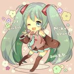  2012 \m/ boots character_name chibi dated detached_sleeves green_eyes green_hair happy_birthday hatsune_miku long_hair mata microphone necktie one_eye_closed open_mouth skirt solo thigh_boots thighhighs twintails very_long_hair vocaloid 