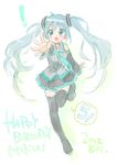  5 aqua_eyes aqua_hair black_legwear blush detached_sleeves ech happy_birthday hatsune_miku highres long_hair necktie number open_mouth outstretched_arm outstretched_hand running shirt sketch skirt solo thighhighs twintails vocaloid zettai_ryouiki 