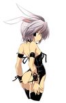  animal_ears armband armlet ass bare_shoulders black_bodysuit bodysuit bunny_ears choker cropped_legs from_behind hermmy latex leotard looking_at_viewer looking_back original short_hair simple_background solo standing thighhighs white_background 