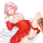  1girl blush eyes_closed flany knee_high_boots lisbeth nipples open_clothes open_mouth open_shirt panties pink_hair shirt skindentation solo sword_art_online thigh_strap underwear 