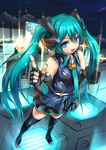  :d aqua_eyes aqua_hair bare_shoulders black_legwear blue_eyes elbow_gloves fingerless_gloves gloves hand_on_own_head hatsune_miku headset headwear highres long_hair necktie open_mouth skirt smile solo standing tadano_magu thighhighs twintails very_long_hair vocaloid 