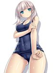  :&lt; aqua_eyes bangs bare_shoulders blush breast_hold breasts cameltoe cleavage covered_navel from_below hands large_breasts looking_at_viewer looking_down one-piece_swimsuit original school_swimsuit shiny shiny_clothes shiny_skin short_hair silver_hair simple_background solo swimsuit tsukumiya_amane twintails wet white_background 