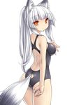  animal_ears ass ass_cutout backless_outfit bare_back bare_shoulders breasts competition_swimsuit fox_ears fox_tail hime_cut large_breasts long_hair looking_at_viewer one-piece_swimsuit orange_eyes original ponytail silver_hair simple_background sketch solo swimsuit tail tsukumiya_amane white_background white_hair 