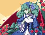  blush detached_collar flower frills gothic_lolita green_hair green_skin hair_ornament hairband kyousaku leviathan_(mygrimoire) lolita_fashion long_hair monster_girl mygrimoire original red_eyes ribbon rose solo very_long_hair wings 