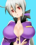  breasts cleavage grey_hair huge_breasts long_hair looking_at_viewer noboes red_eyes silver_hair simple_background solo unzipped vocaloid yowane_haku 