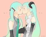  2girls aqua_hair bare_shoulders blush character_name closed_eyes dated detached_sleeves dual_persona hatsune_miku hatsune_miku_(append) kiss long_hair moiton multiple_girls necktie selfcest simple_background twintails vocaloid vocaloid_append yuri 