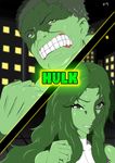  1boy 1girl angry blow clenched_hand cousins fist green green_skin hand hands hero hulk laugh laughing laughingmoon long_hair long_hairgreen_skin male man marvel moon night punch punching she-hulk skin title women 