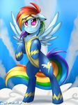  equine eyewear female feral friendship_is_magic goggles hair mammal multi-colored_hair my_little_pony pegasus purple_eyes rainbow_dash_(mlp) rainbow_hair skinsuit sky solo spittfire standing wings wonderbolts_(mlp) zipper 