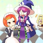  blonde_hair bow crown dress duel_monster hair_ornament hair_ornaments hat jewelry lolita_fashion long_hair madolche madolche_majoleine madolche_marmamaid madolche_puddingcess maid orange_eyes orange_hair purple_hair ribbon short_hair witch_hat yu-gi-oh! yuu-gi-ou_duel_monsters 