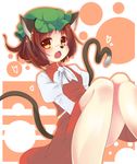  animal_ears blush brown_eyes brown_hair cat_ears cat_tail chen furry hat looking_at_viewer mouse_nose multiple_tails outline short_hair snowcanvas solo tail touhou 