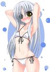  armpits bikini blush cameltoe cinque_(nanoha) covered_nipples eyepatch flat_chest front-tie_top kannagi_tsukasa long_hair lyrical_nanoha mahou_shoujo_lyrical_nanoha_strikers navel numbers_(nanoha) side-tie_bikini silver_hair solo sweatdrop swimsuit yellow_eyes 