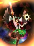  arm_cannon bird_wings black_hair black_wings cape hair_ribbon highres long_hair open_mouth radiation_symbol red_eyes reiuji_utsuho ribbon skirt solo thighhighs third_eye touhou universe weapon wings yumi_zakura 