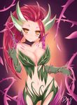  blush breasts cleavage dying_(dying0414) earrings extra_ears heart index_finger_raised jewelry large_breasts leaf league_of_legends long_hair monster_girl navel orange_eyes plant red_hair signature smile solo thorns vines zyra 