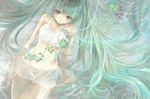  aqua_eyes aqua_hair arm_support dress hatsune_miku long_hair looking_at_viewer partially_submerged plant see-through sitting solo twintails usa_namex very_long_hair vines vocaloid water white_dress 