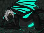  bioluminescence black_dragon black_scales black_skin bored cave dragon ear_piercing eliana-asato erection girly glowing glowing_penis grey_hair hair horn lying male penis piercing short_hair spots stones wallpaper white_hair wings yellow_eyes 