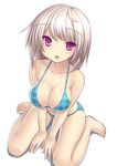  bare_legs bare_shoulders barefoot bikini blonde_hair blush breasts cleavage collarbone fang feet from_above large_breasts light_brown_hair looking_up open_mouth original red_eyes short_hair simple_background sitting smile solo swimsuit tsukumiya_amane wariza white_background 