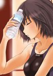  amagami bare_shoulders black_hair blush bob_cut bottle closed_eyes competition_swimsuit drink hand_on_own_face murasaki_iro nanasaki_ai one-piece_swimsuit short_hair solo sweat swimsuit upper_body water 