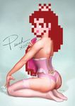  2008 ass back back_tattoo breasts brown_hair commentary corset crown dated earrings fusion garters jewelry large_breasts looking_back m_schindler mario_(series) panties pinup pixel_art pixelated princess_peach signature solo super_mario_bros. tattoo thighhighs topless tramp_stamp underwear 