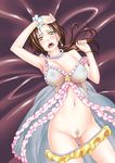  armpits babydoll bare_shoulders bed blush bracelet breasts brown_hair cleavage earrings highres idolmaster idolmaster_cinderella_girls jewelry kawashima_mizuki large_breasts looking_at_viewer lying navel necklace nipples open_mouth panties panty_pull pubic_hair pussy_juice saliva see-through shirihime tears underwear 