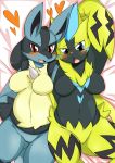  &lt;3 bed blush breasts duo featureless_breasts female hi_res high-angle_view looking_at_viewer lucario lying nekonade nintendo on_back open_mouth pok&eacute;mon pok&eacute;mon_(species) pussy video_games zeraora 